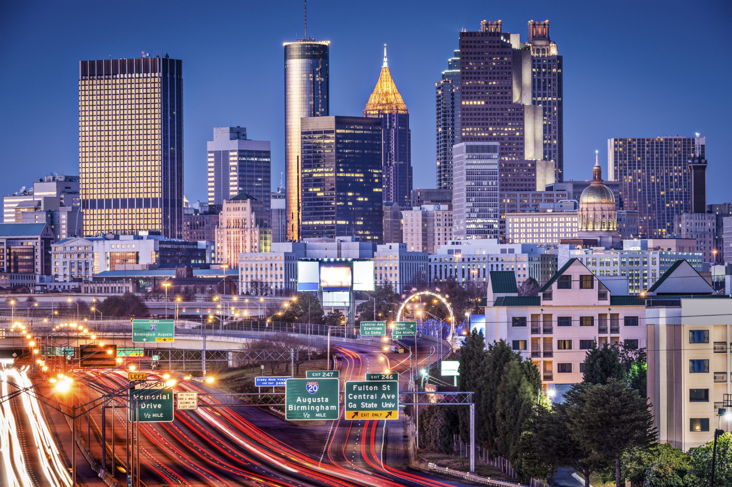 Atlanta, Georgia skyline at night and timelapse traffic