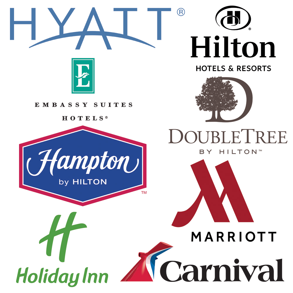 Hyatt, Hilton, Hampton, Holiday Inn, Carnival, Marriott, DoubleTree, Embassy Suites Hotel We Service